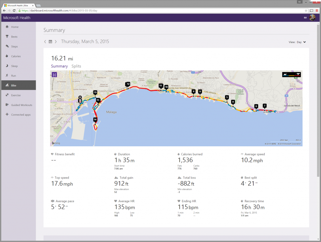 A screenshot of the information Microsoft Band supplies when I ride my bike.