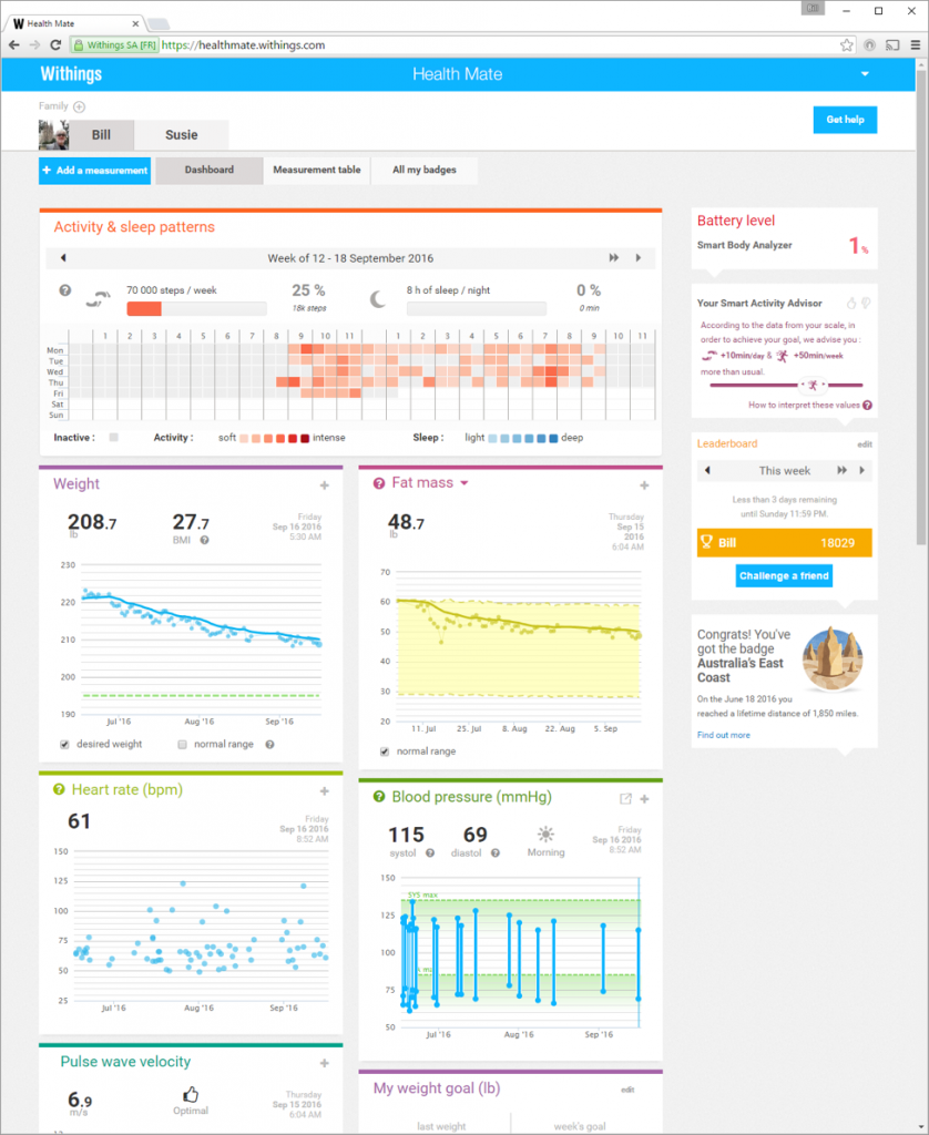 Bill's personal information on the Withings website