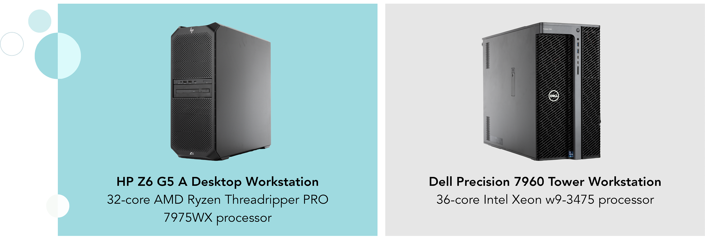 Side-by-side comparison of the two workstations-under-test. HP Z6 G5 A Desktop Workstation. 32-core AMD Ryzen Threadripper PRO 7975WX processor. Dell Precision 7960 Tower Workstation. 36-core Intel Xeon w9-3475 processor.