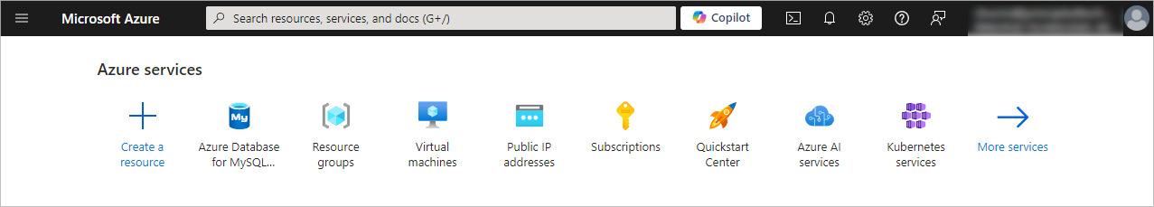 The Azure services menu after logging into the Azure portal, including the option for creating an Azure Database for MySQL – Flexible Server instance.