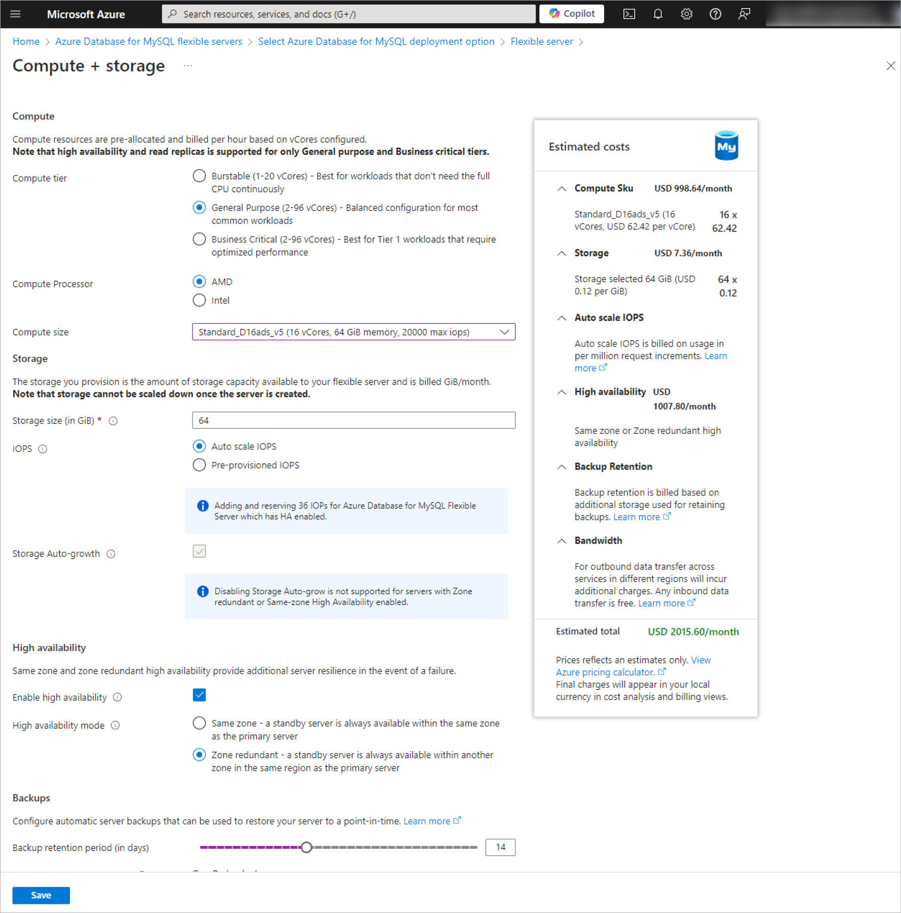 The Configure server page with our sample deployment values.