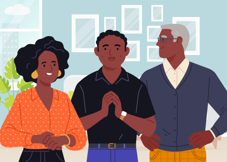 jamir avatar with his mother and father standing in family living room