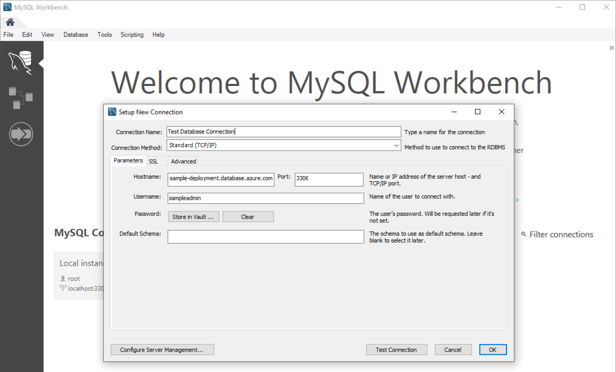 A screenshot showing the test connection window in the MySQL Workbench. Source: Principled Technologies.