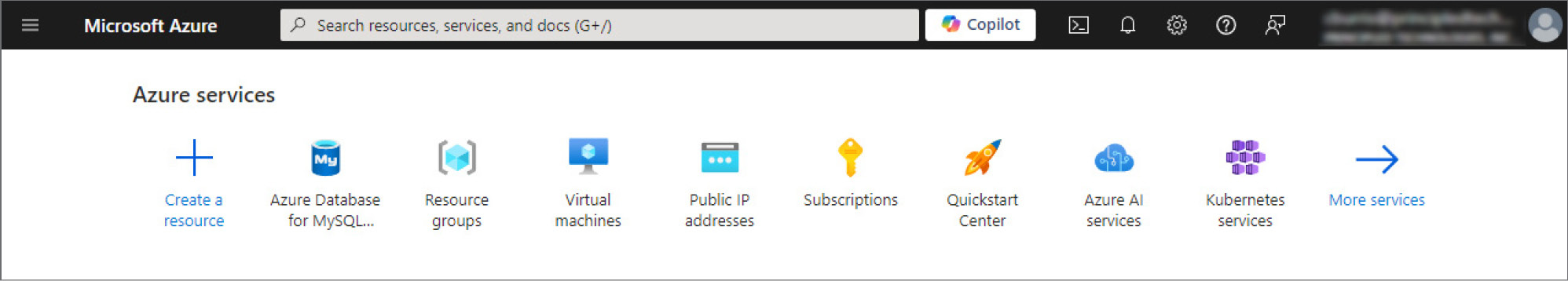 The Azure services menu after logging into the Azure portal, including the search bar to navigate to specific Azure services.