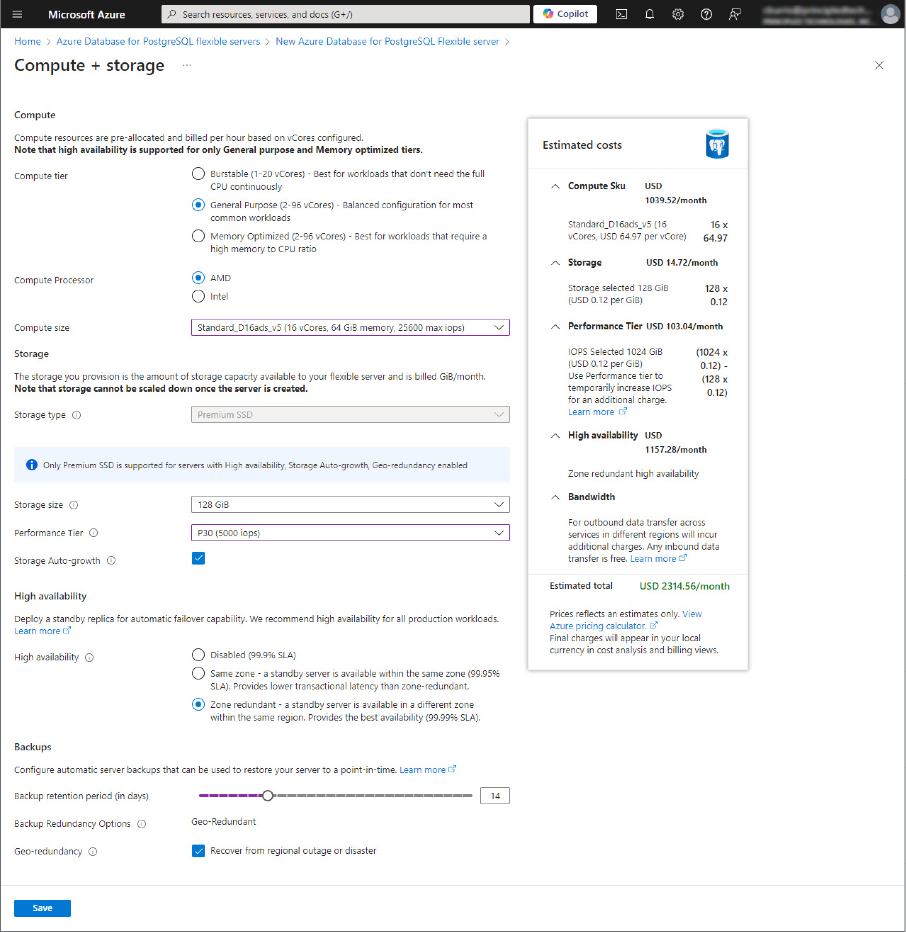 The Configure server page with our sample deployment values.