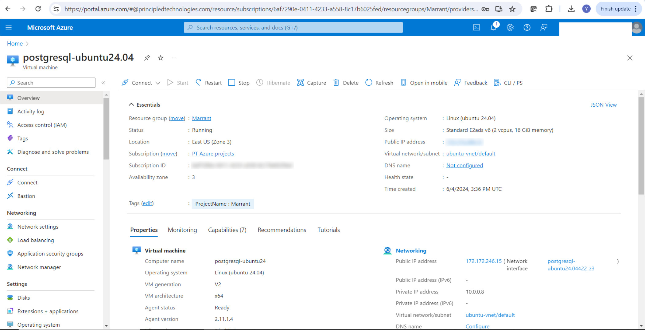 The Azure portal showing details of a PostgreSQL Ubuntu VM.