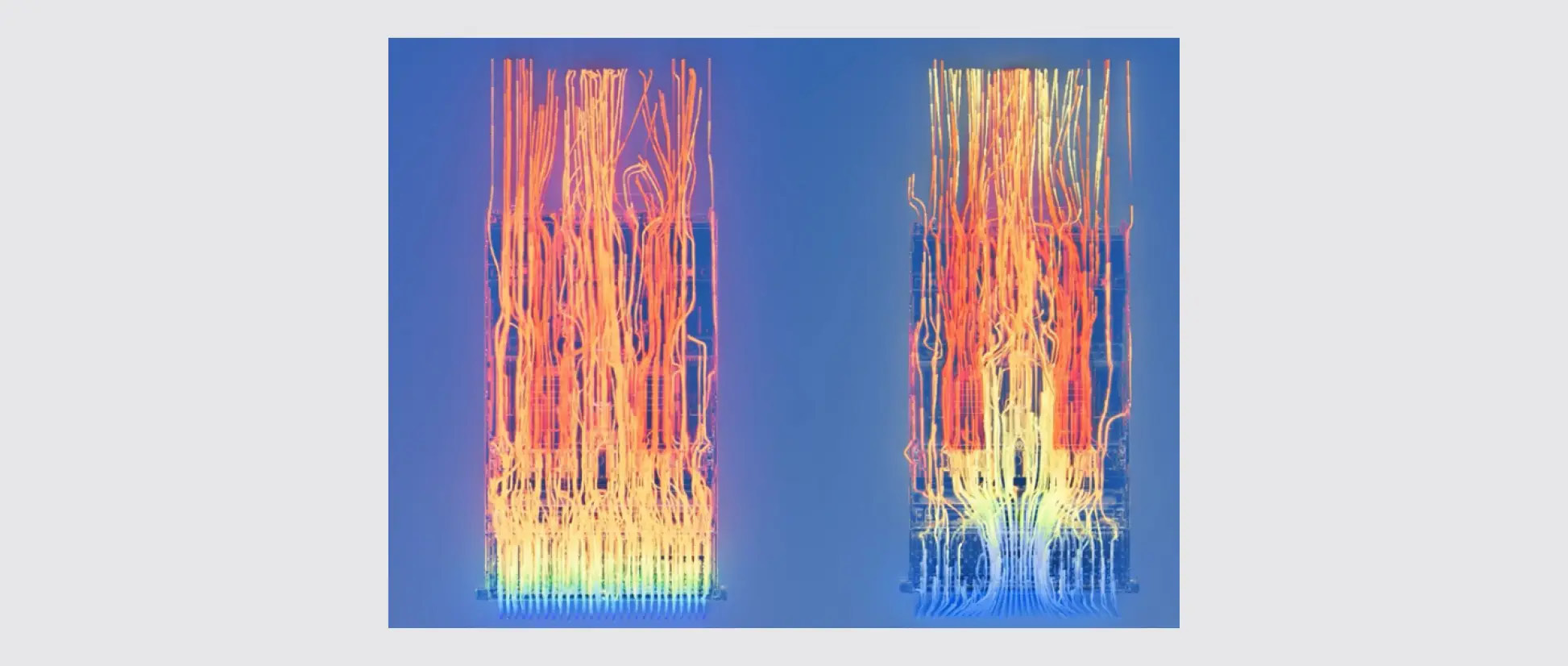 Image showing lines representing temperature to map the flow of heat in a regular PowerEdge server and one with Dell Smart Flow. 