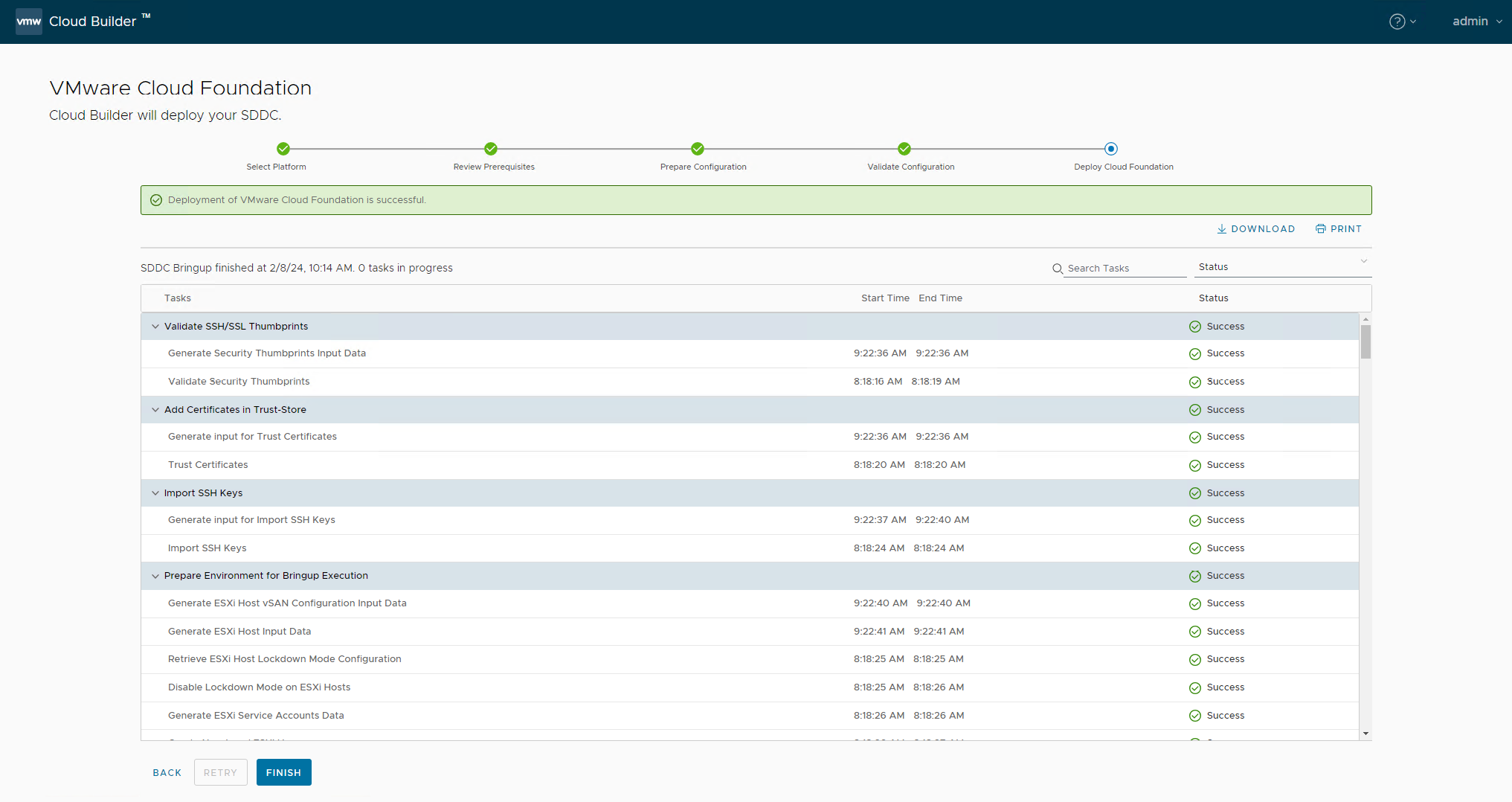 VMware Cloud Foundation 5.1 dashboard with a checklist for SDDC deployment. Above the checklist is a horizontal line of deployment stages showing which stages Cloud Foundation has completed and what stage the software is completing. The checklist contains tasks marked as Success and the time and date of completion. 