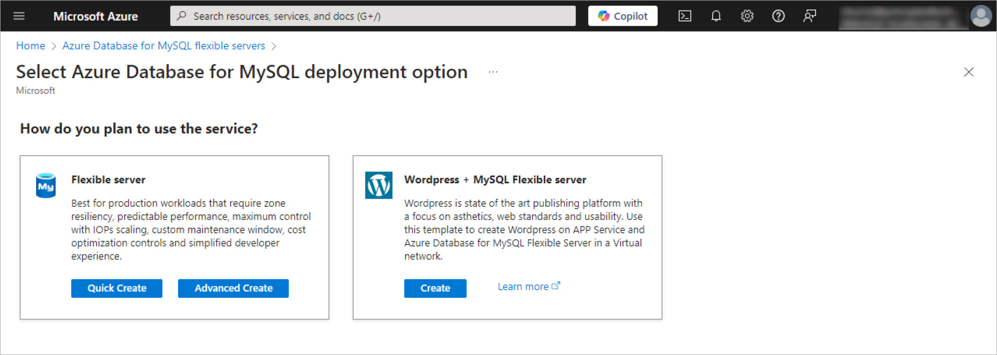 The Azure portal showing available Azure Database for MySQL – Flexible Server deployment options: Quick Create, Advanced Create, and a template for creating Wordpress on API Service and Azure Database for MySQL – Flexible Server. 