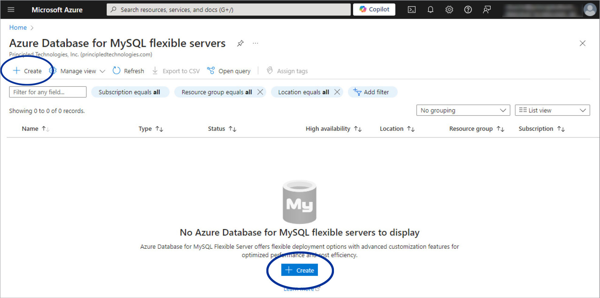 The Azure Database for MySQL - Flexible Server management page in the Azure portal, showing two places where users can click to create an Azure Database for MySQL – Flexible Server instance. 