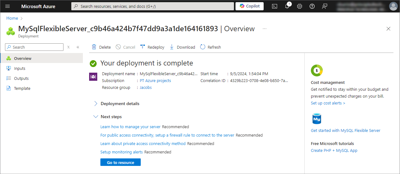 The Azure portal showing a successful Azure Database for MySQL - Flexible Server deployment. 