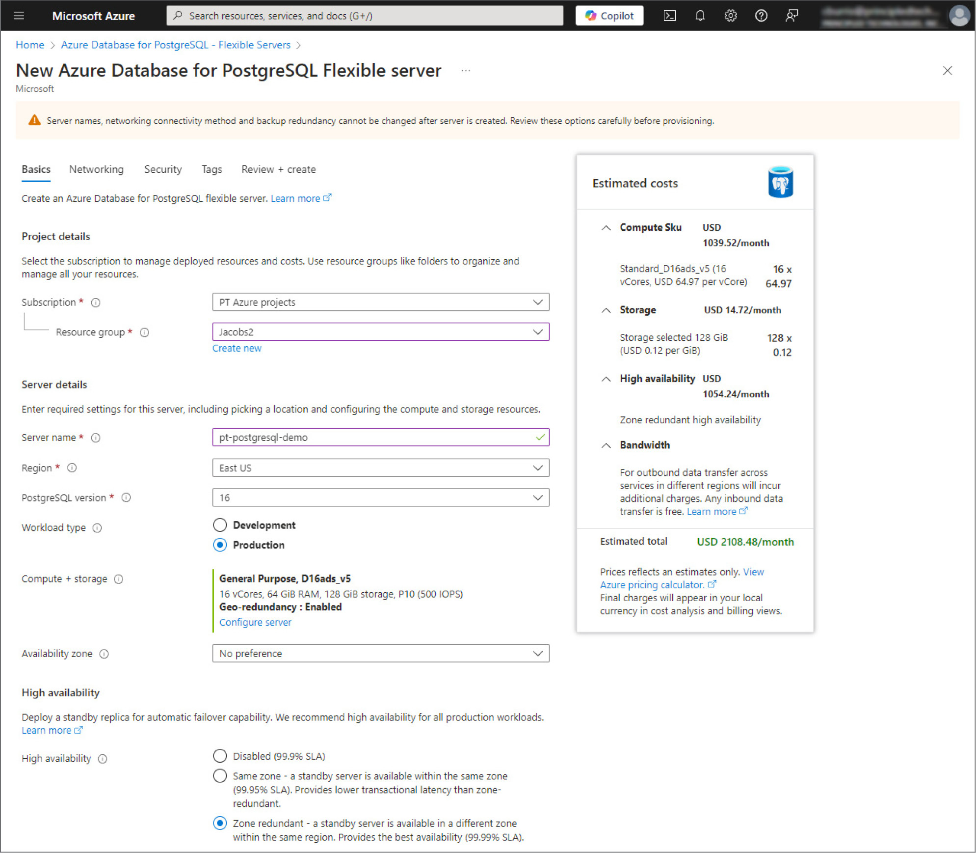 The Azure portal showing the Azure Database for PostgreSQL – Flexible Server creation page. 