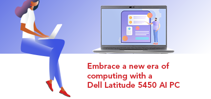 A Dell Latitude 5450 laptop next to an illustration of a person working on a laptop