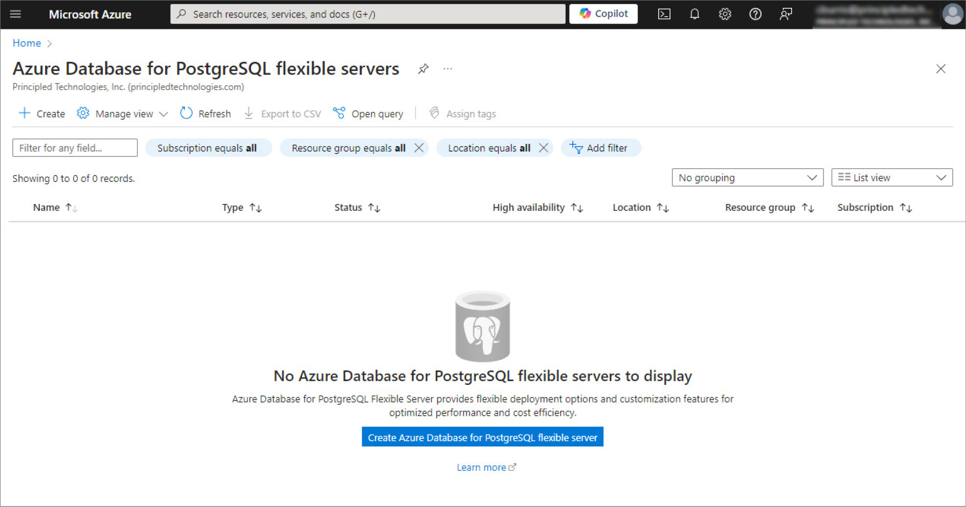 The Azure Database for PostgreSQL - Flexible Server management page in the Azure portal, showing two places where users can click to create an Azure Database for PostgreSQL – Flexible Server instance. 