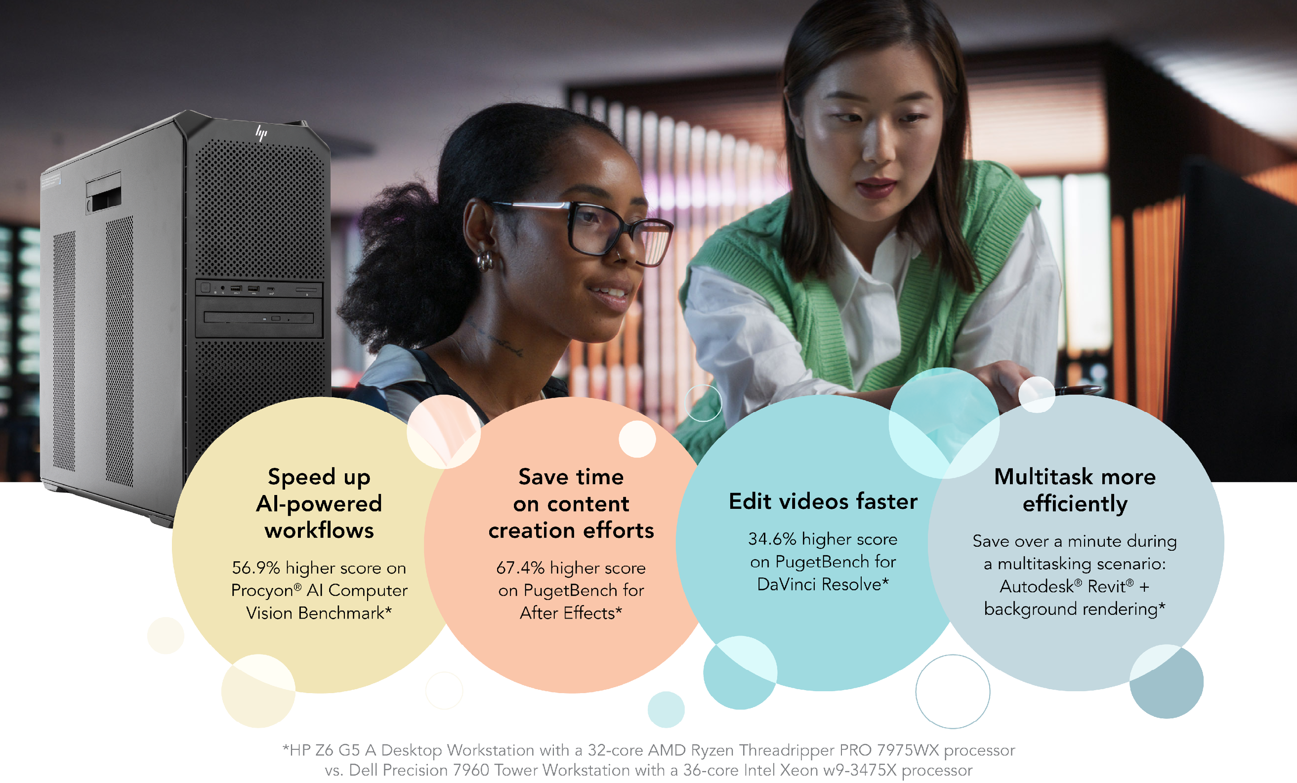 Two women collaborating image with wins. Speed up AI-powered workflows. 56.9 percent higher score on Procyon AI Computer Vision Benchmark. Save time on content creation efforts. 67.4 percent higher score on PugetBench for After Effects. Edit video faster. 34.6 percent higher score on PugetBench for DaVinci Resolve. Multitask more efficiently. Save over a minute during an Autodesk Revit plus background rendering multitasking scenario. Footnote: HP Z6 G5 A Desktop Workstation with a 32-core AMD Ryzen Threadripper PRO 7975WX processor vs. Dell Precision 7960 Tower Workstation with a 36-core Intel Xeon w9-3475X processor.
